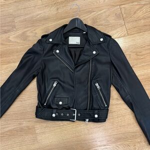 Wilfred Black Genuine Leather Moto Jacket with Zip Details